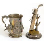 Silver pin cushion in the form of a golf bag and a Victorian silver mug