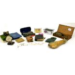 A tray of collectors items, pair of wooden cased scales, power flask, spectacles, etc