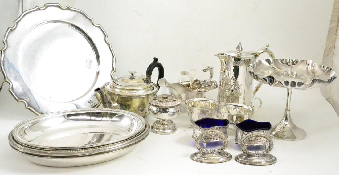 Silver plate including two tureens, tazza, teapot, flatware, salts, etc