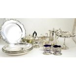Silver plate including two tureens, tazza, teapot, flatware, salts, etc