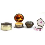 An Asprey silver and tortoiseshell ring box, a similar plated example, a porcelain box and