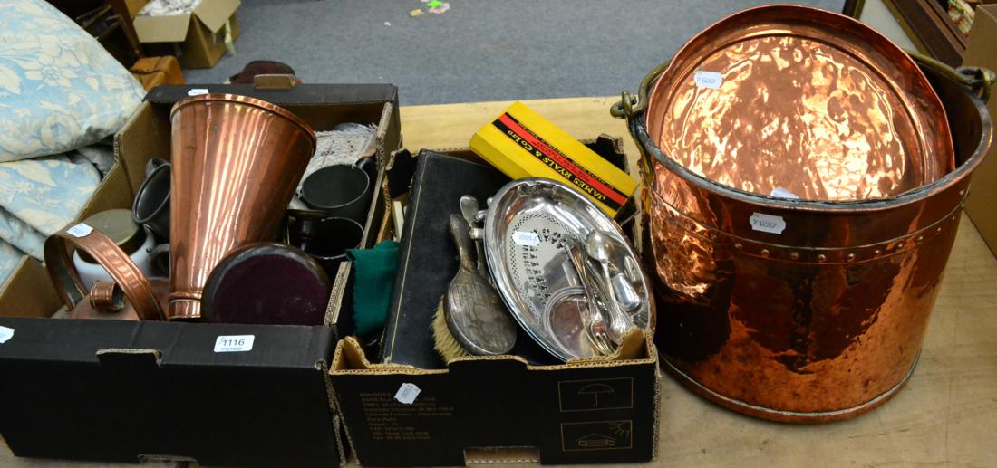 Assorted pewter tankards, plated wares, silver plated flatware, silver mounted brushes, copper