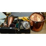 Assorted pewter tankards, plated wares, silver plated flatware, silver mounted brushes, copper