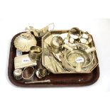 A quantity of silver items consisting, a silver mounted glass ashtray stamped Treacher & Co,