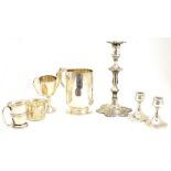 Plated candlestick, pair of dwarf silver candlesticks, Christening can, trophy cup, '950' sterling