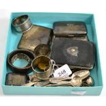 Box of small silver including teaspoons, cigarette cases, napkin rings, hinged bangle etc