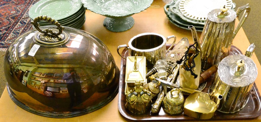 Victorian EPNS large meat dome, coffee pot, teapot and sucrier; brassware including a tobacco box