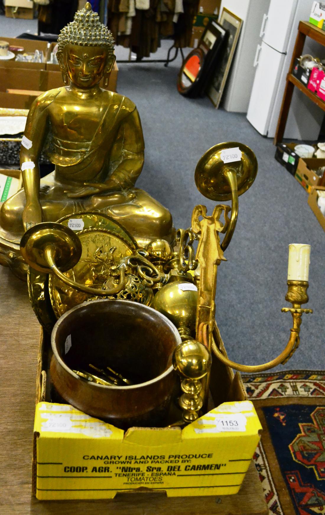 Brass Buddha and a box of brassware
