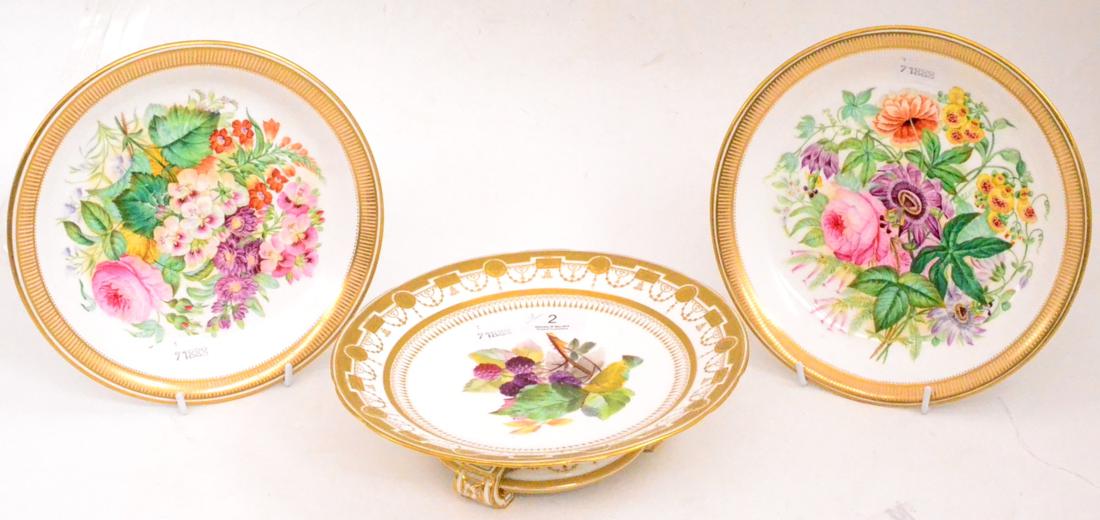 Minton footed dish and a pair of botanical porcelain deep dishes