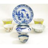 Pair of yellow ground bowls, two famille rose bowls and six pieces of blue and white porcelain