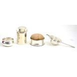 Silver Guernsey milk can, tea strainer and a pin cushion