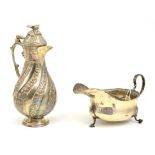 Silver sauce boat and Eastern white metal coffee pot
