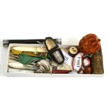 Two silver and mother-of-pearl fruit knives, enamel wine labels, cased silver thimble, miniature