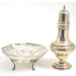 A sugar sifter stamped sterling and a pierced silver dish (2)