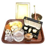 Silver photograph frame, cased silver condiments, small silver oval tray, copper hunting horn, St