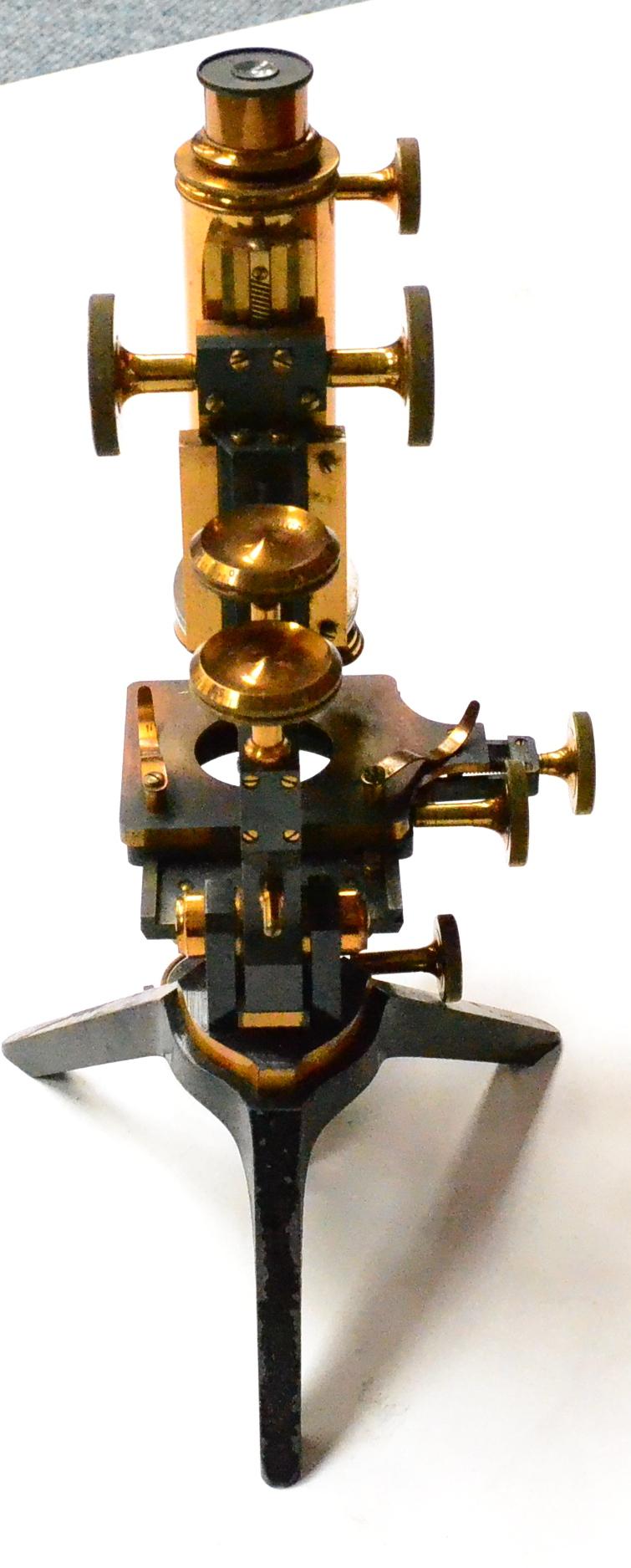 Males-Watson Brass Microscope with black lacquered tilting stand, rack & pinion and twin thumb wheel - Image 4 of 6