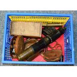 Brass Two Draw Telescope with card cover 25'', 64cm; together with a small three draw example and