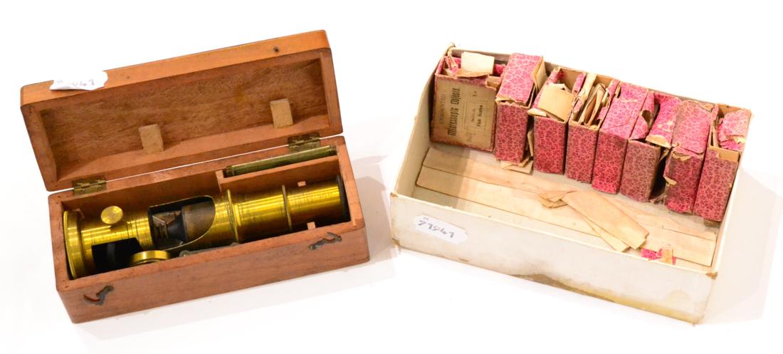 Student Microscope with telescopic focusing, in wooden box, together with various boxes of unmounted