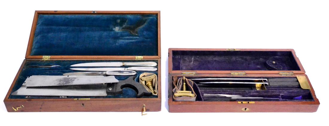 A 19th Century Mahogany Cased Part Amputation Set, containing two ebony handled knives, small