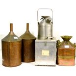 Three Petrol Measures, comprising a 5 gallon copper and brass measure, and two 10 litre stainless