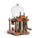 Watkins & Hill Vacuum Pump of oak construction with brass pillars/piping and handle, glass dome;
