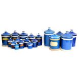 Eighteen Blue Pottery Drug Jars and Lids, some with labels, various sizes, variable condition