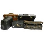Five Leather Doctors Bags and Cases, including three obstetric sets with stainless steel