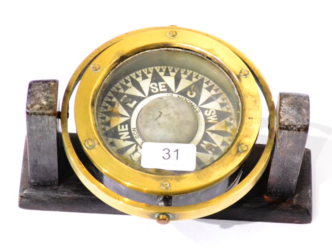 Welford & Son (London) Gimbal Compass on wooden mount 5.25'', 13cm diameter