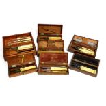 Seven Mahogany Cased Part Scalpel Sets, including Coxeter of London with ivory handles, Laundy,