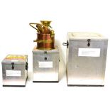 A Graduated Set of Three Copper and Brass Petrol Measures, comprising 2 litre, 5 litre and 20 litre,