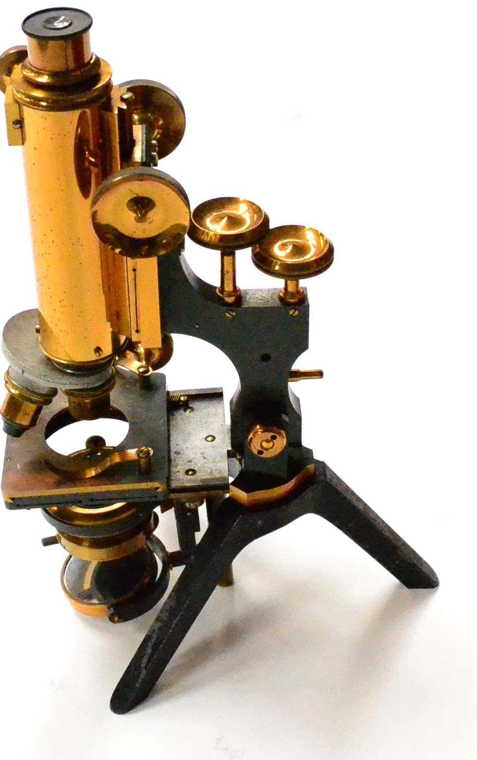 Males-Watson Brass Microscope with black lacquered tilting stand, rack & pinion and twin thumb wheel - Image 6 of 6