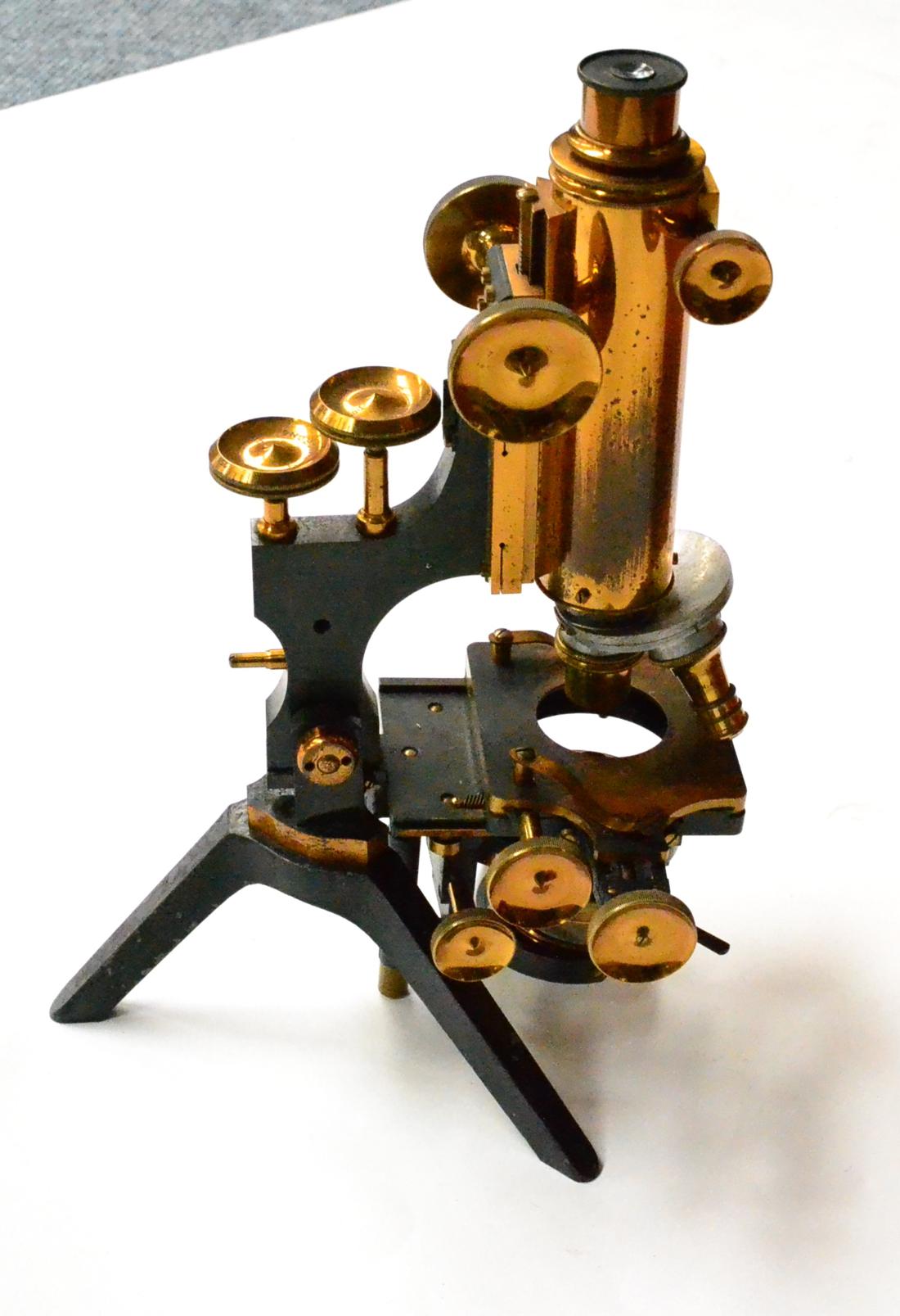 Males-Watson Brass Microscope with black lacquered tilting stand, rack & pinion and twin thumb wheel - Image 5 of 6