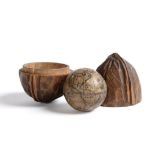 Pocket Globe, 18th Century approximately 1'', 2.5cm diameter in wooden case shaped like a walnut,