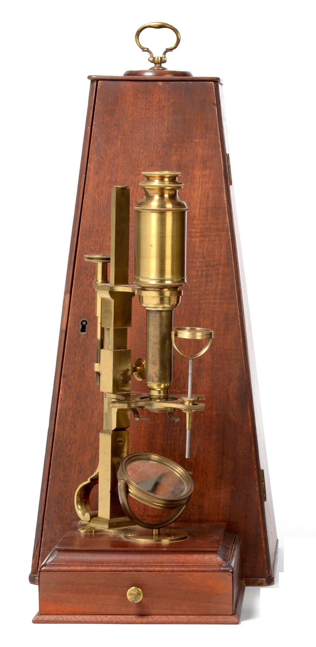 Cuff Type Brass Microscope with plano mirror, screw focussing and fixed stand on mahogany base