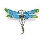 A Dragonfly Brooch, with mother-of-pearl to the centre of the body, enamelled throughout in blue and