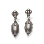 A Pair of Silver Earrings, by Georg Jensen, a floral stud suspends an acorn style motif, numbered 4,