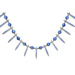 A Blue Enamelled Necklace, by David Andersen, round discs alternate with spikes, enamelled in blue