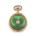 A Lady's Enamel Diamond and Pearl Set Fob Watch, circa 1900, cylinder movement, wolf tooth