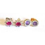 A Pair of 9 Carat Gold Cluster Stud Earrings, a round purple stone within a border of diamonds,