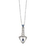 A Sapphire, Diamond and Seed Pearl Set Pendant, the stone set drop on a white trace link chain, drop
