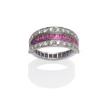 An 18 Carat White Gold Diamond, Sapphire and Ruby Eternity Ring, the eternity ring set with square