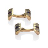 A Pair of 9 Carat Gold Cufflinks, on curved bars, one of the heads hinged, each terminal inlaid with