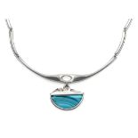 A Silver Necklace, by Lapponia, with a turquoise swirling glass pendant, on curved links, length