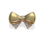 An 18 Carat Gold Diamond Set Bow Brooch, the yellow polished loops with round brilliant cut diamonds