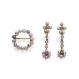 A Cultured Pearl and Diamond Hoop Brooch, the pearls in tones of purple and grey alternate with