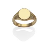 An 18 Carat Gold Signet Ring, the plain polished oval head to integral shank, finger size X  The