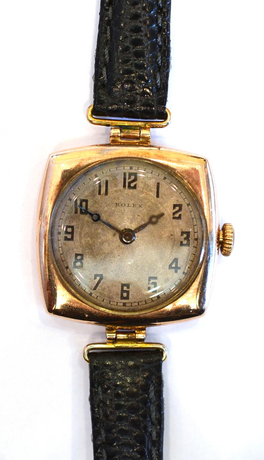A Lady's 9ct Gold Wristwatch, signed Rolex, 1923, lever movement, engine turned silvered dial with