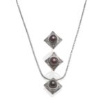 A 9 Carat White Gold Cultured Pearl and Diamond Pendant on Chain, a purpley coloured cultured