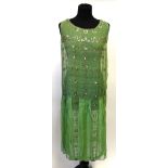 French 1920s Green Chiffon Sleeveless Shift Dress bearing a label 'Haute Nouveaute de Paris' with