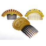 19th Century Gilt Metal Mounted Hair Comb with flower head and leaf filigree decoration, 17cm by